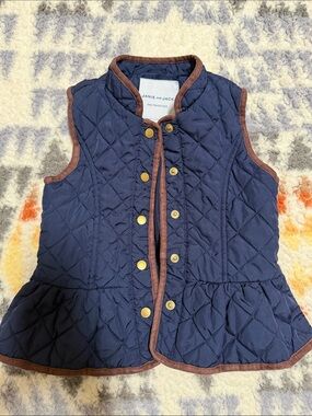 Janie and Jack Navy Quilted Peplum Vest with Brown Trim and Gold Buttons